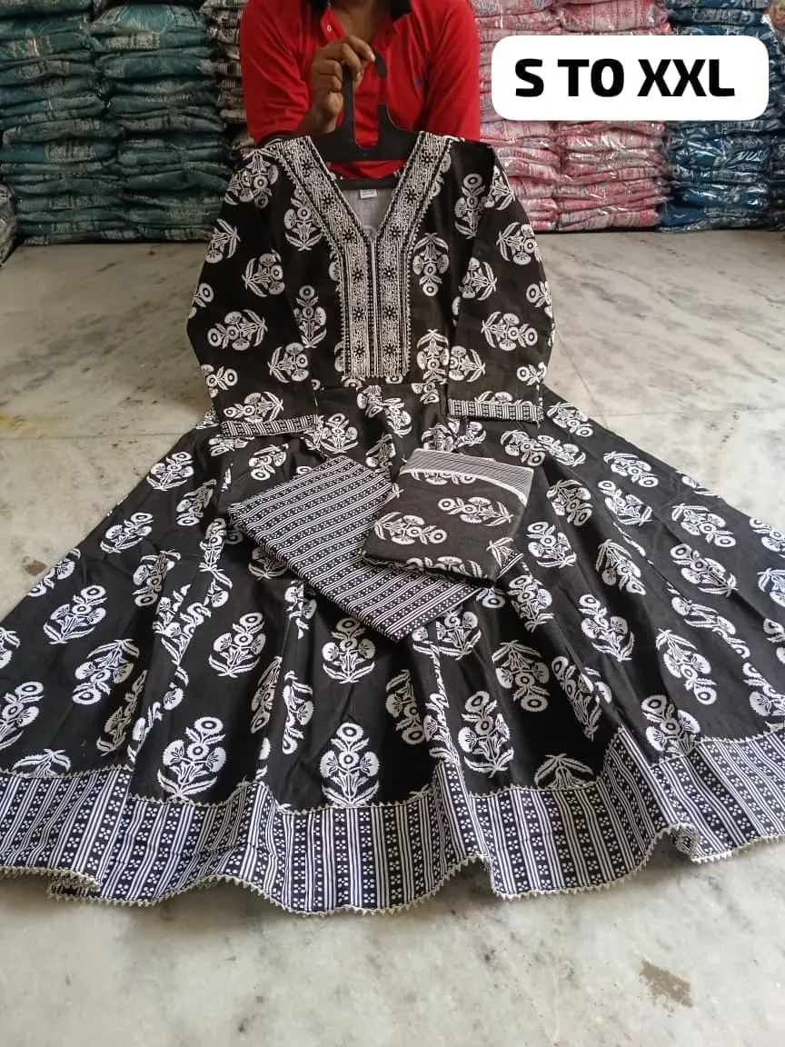 Pure Cotton Floral Anarkali Kurti Pant Dupatta Set | Embroidered V-Neck Flared Kurta Set (Sizes S–XXL) - Image 17