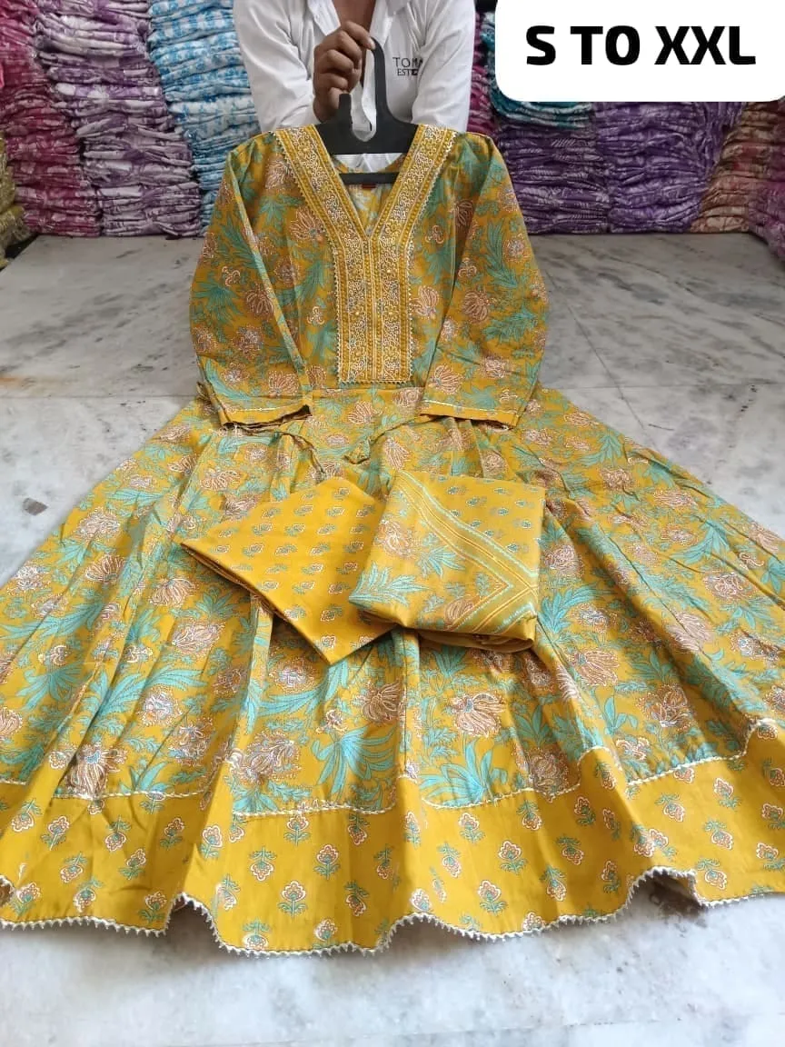 Pure Cotton Floral Anarkali Kurti Pant Dupatta Set | Embroidered V-Neck Flared Kurta Set (Sizes S–XXL) - Image 2