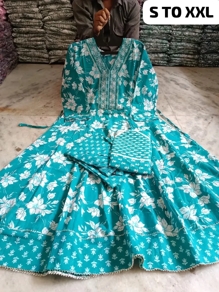 Pure Cotton Floral Anarkali Kurti Pant Dupatta Set | Embroidered V-Neck Flared Kurta Set (Sizes S–XXL) - Image 20