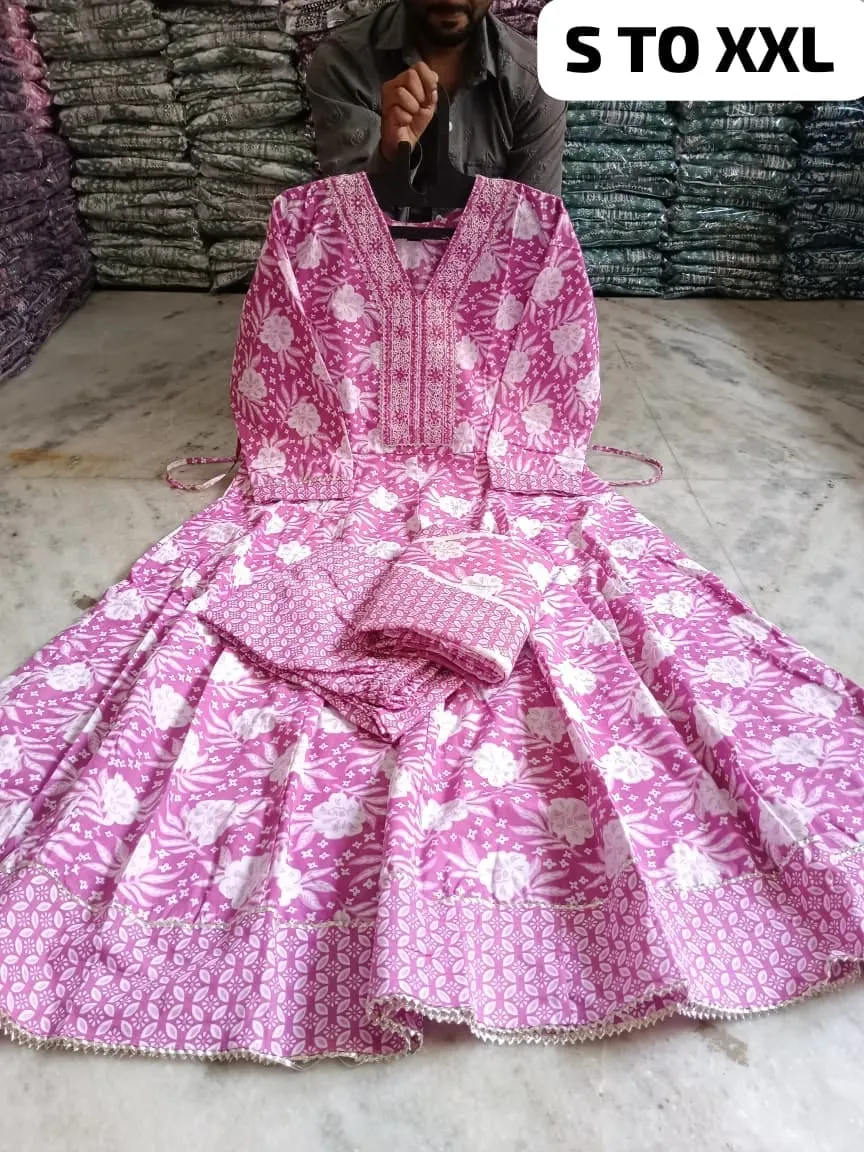 Pure Cotton Floral Anarkali Kurti Pant Dupatta Set | Embroidered V-Neck Flared Kurta Set (Sizes S–XXL) - Image 22