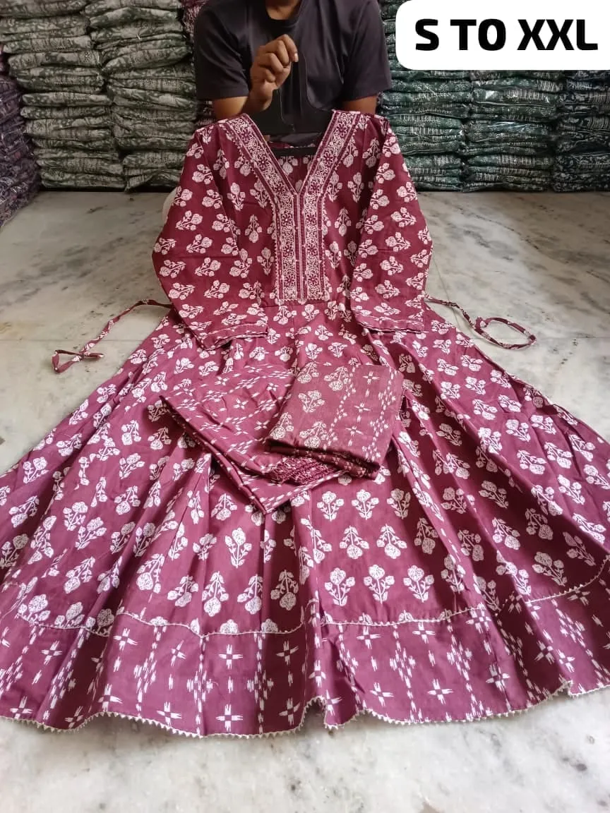 Pure Cotton Floral Anarkali Kurti Pant Dupatta Set | Embroidered V-Neck Flared Kurta Set (Sizes S–XXL) - Image 23