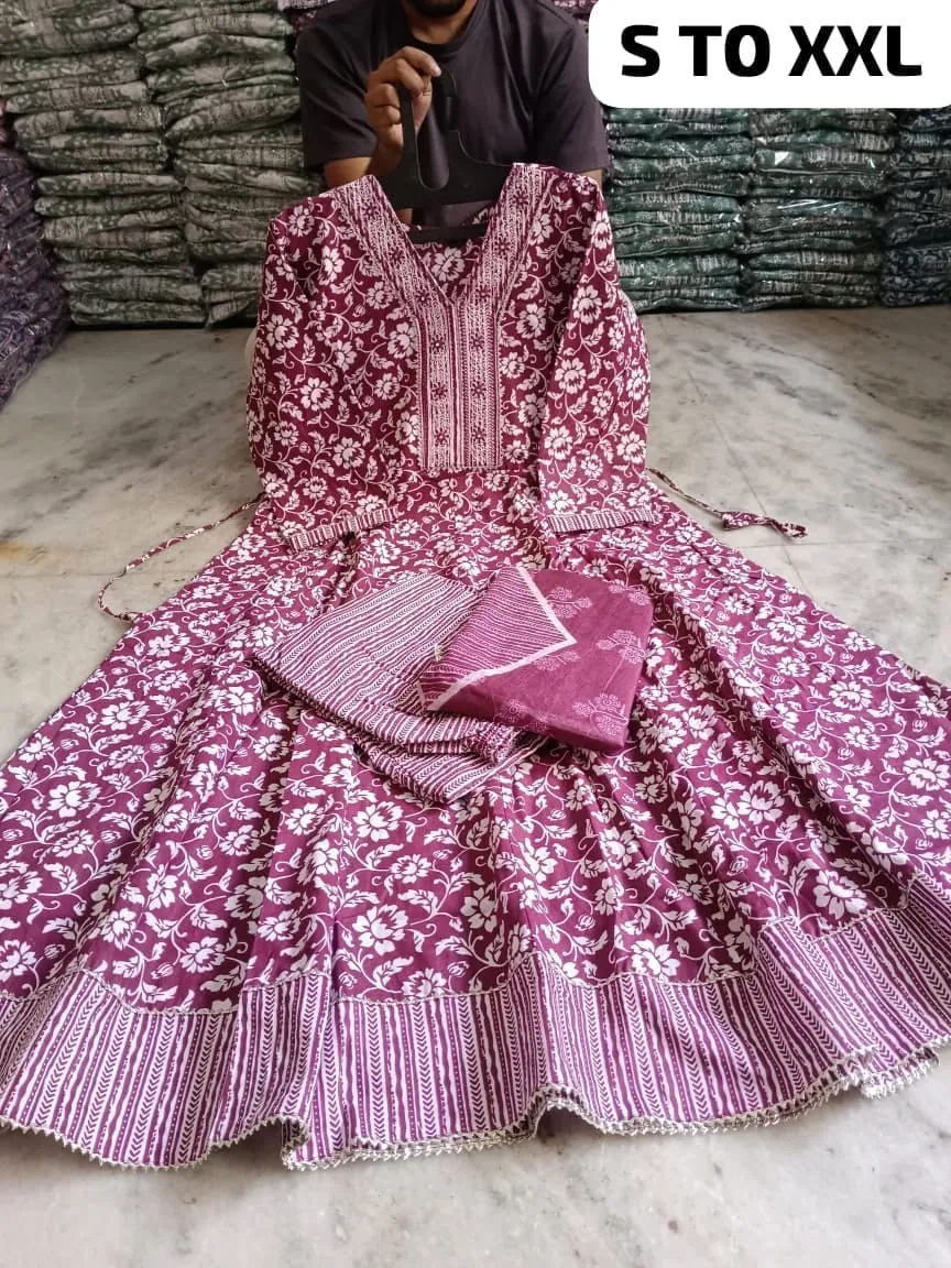 Pure Cotton Floral Anarkali Kurti Pant Dupatta Set | Embroidered V-Neck Flared Kurta Set (Sizes S–XXL) - Image 4