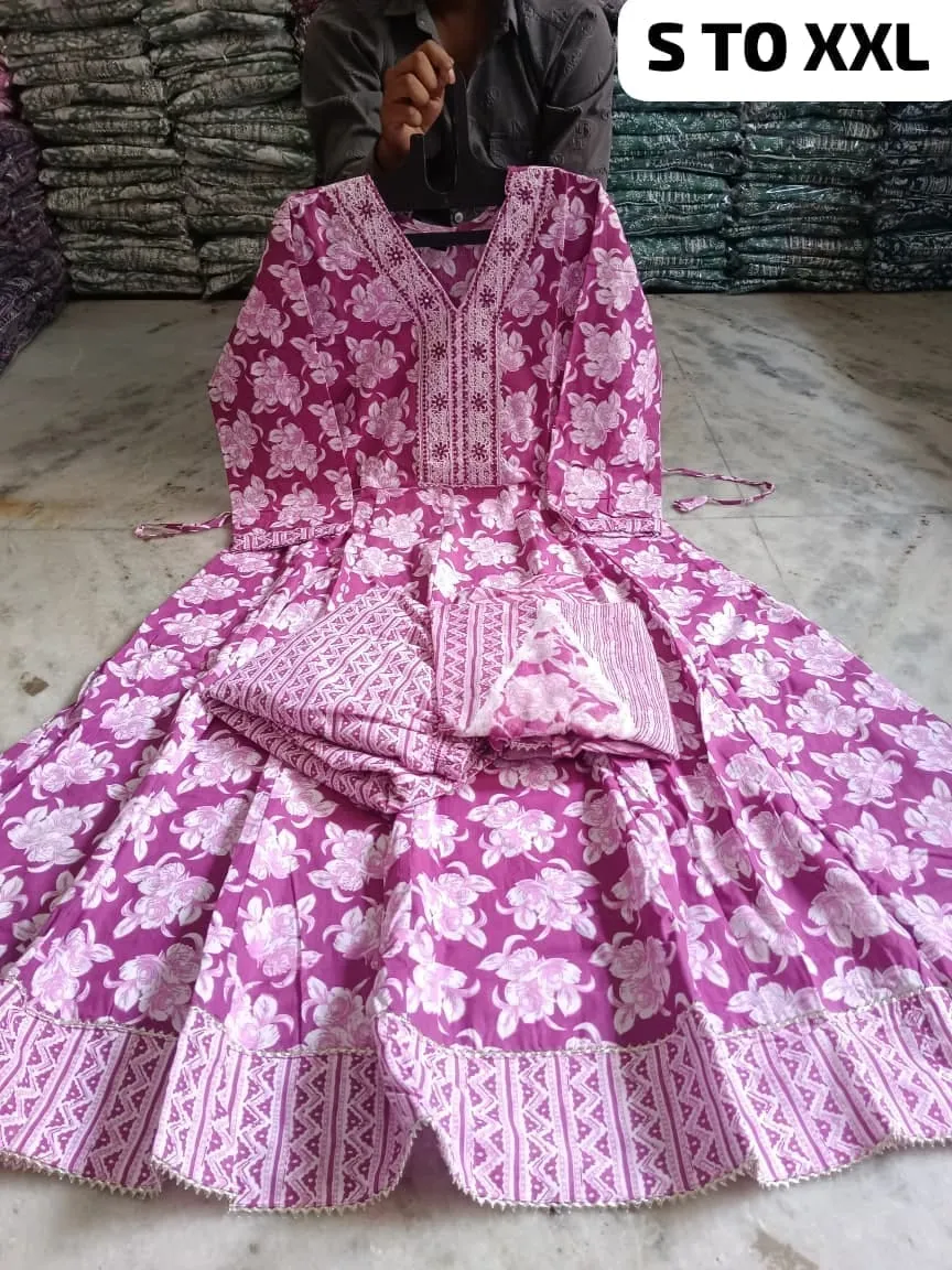Pure Cotton Floral Anarkali Kurti Pant Dupatta Set | Embroidered V-Neck Flared Kurta Set (Sizes S–XXL) - Image 5