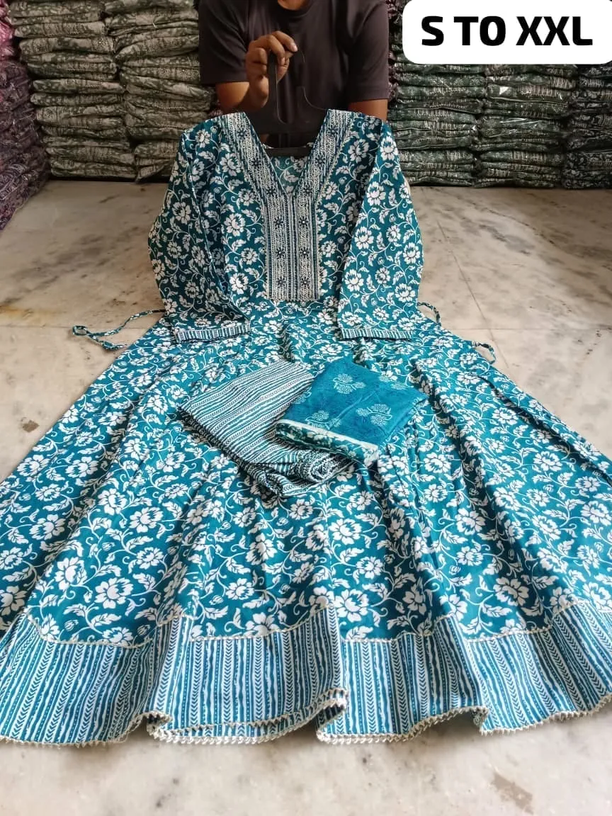Pure Cotton Floral Anarkali Kurti Pant Dupatta Set | Embroidered V-Neck Flared Kurta Set (Sizes S–XXL) - Image 6