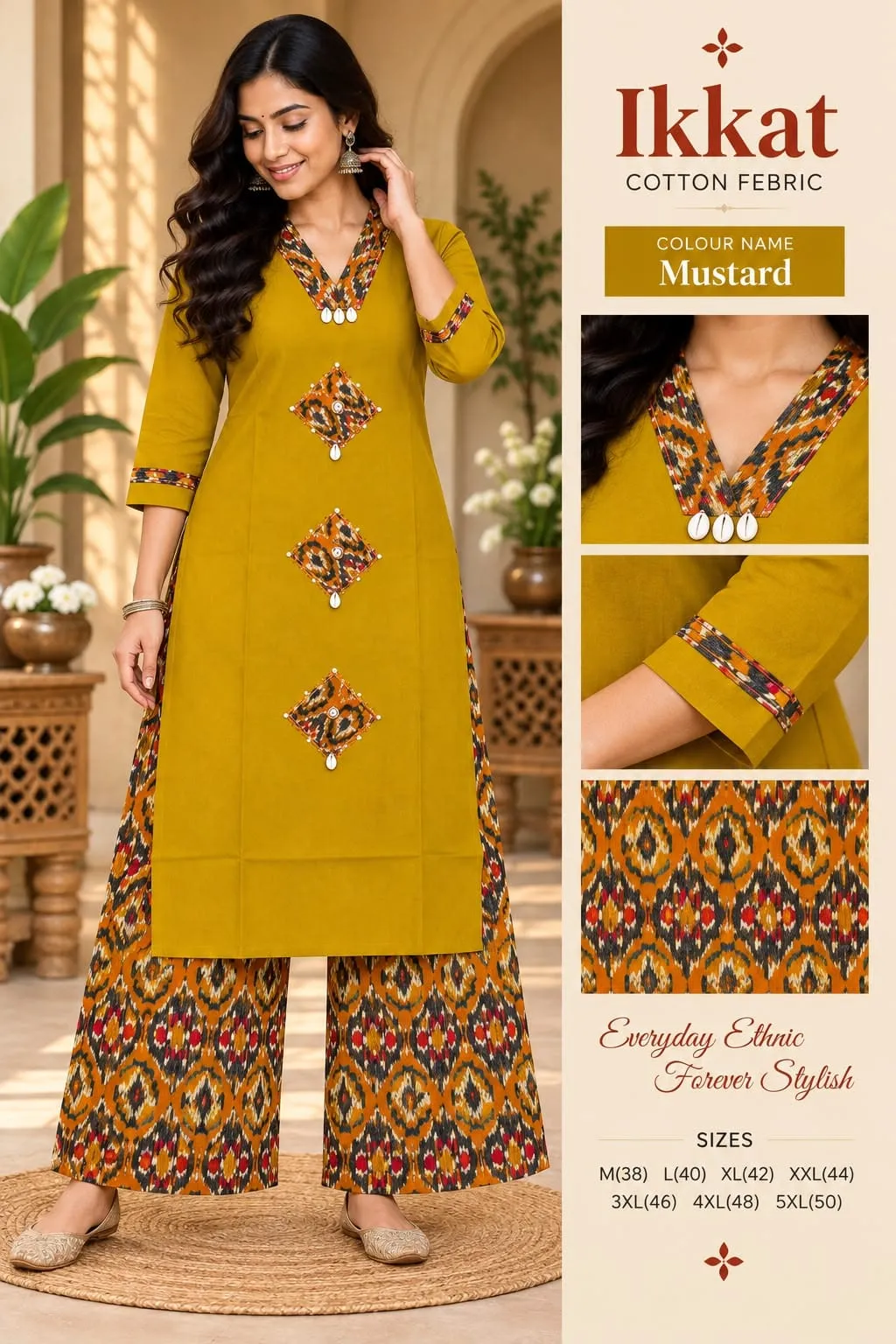 Pure Cotton Ikkat Print Kurti Pant Co-ord Set with Pocket | V-Neck Ethnic Suit Set (M to 5XL)