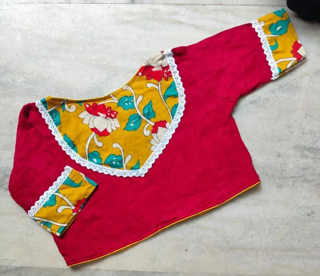 Pure Cotton Kalamkari Patchwork Readymade Saree Blouse with Lace Border | Front Open Alterable Blouse (32-44) - Image 2