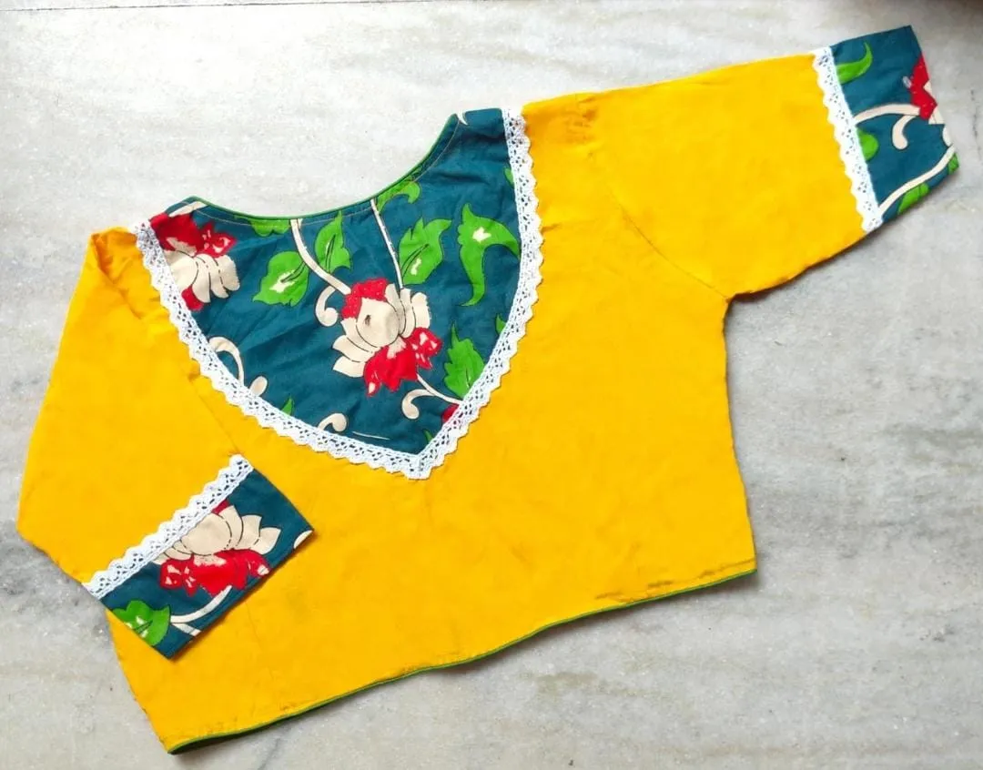 Pure Cotton Kalamkari Patchwork Readymade Saree Blouse with Lace Border | Front Open Alterable Blouse (32-44) - Image 3