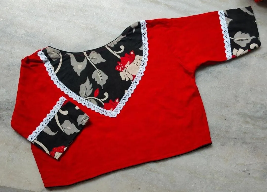Pure Cotton Kalamkari Patchwork Readymade Saree Blouse with Lace Border | Front Open Alterable Blouse (32-44) - Image 4