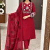 Pure Cotton Kurti Pant with Dupatta Set | Real Mirror Hand Work Maroon Block Print 3-Piece Suit Set with Cotton Lining - Image 2