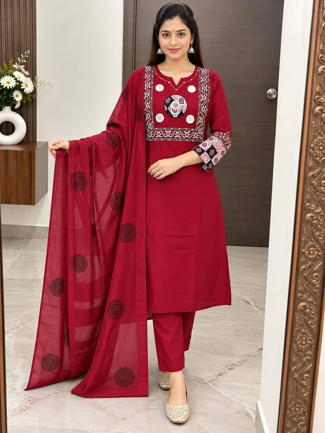 Pure Cotton Kurti Pant with Dupatta Set | Real Mirror Hand Work Maroon Block Print 3-Piece Suit Set with Cotton Lining - Image 2