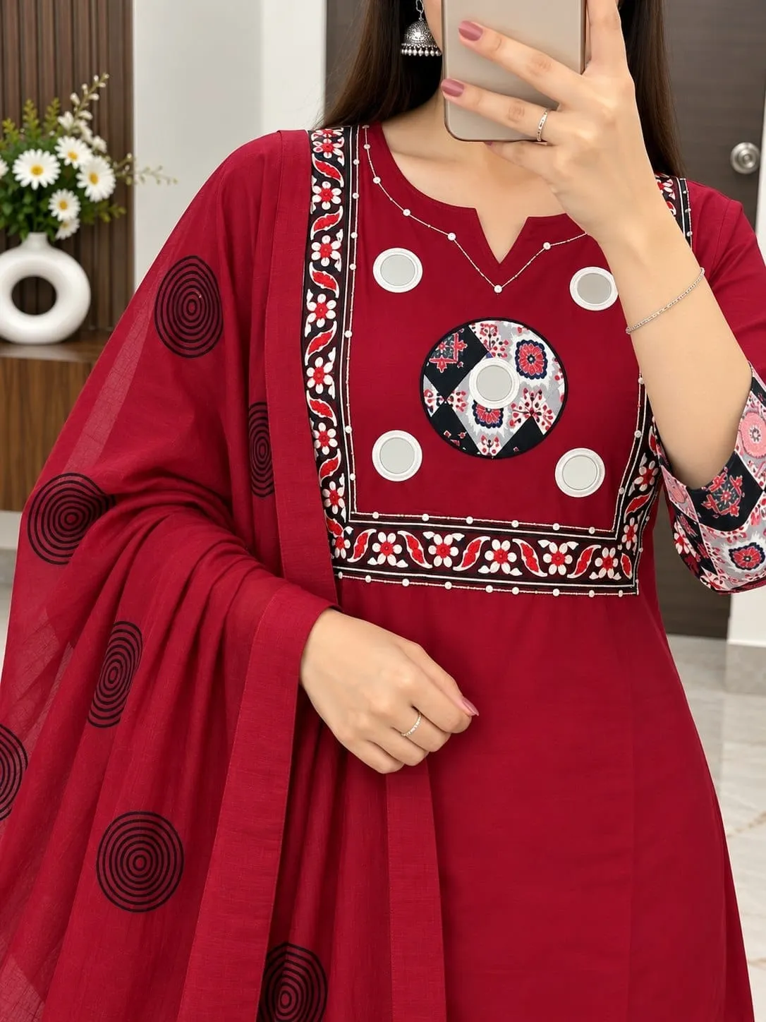 Pure Cotton Kurti Pant with Dupatta Set | Real Mirror Hand Work Maroon Block Print 3-Piece Suit Set with Cotton Lining - Image 3