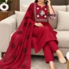 Pure Cotton Kurti Pant with Dupatta Set | Real Mirror Hand Work Maroon Block Print 3-Piece Suit Set with Cotton Lining - Image 4