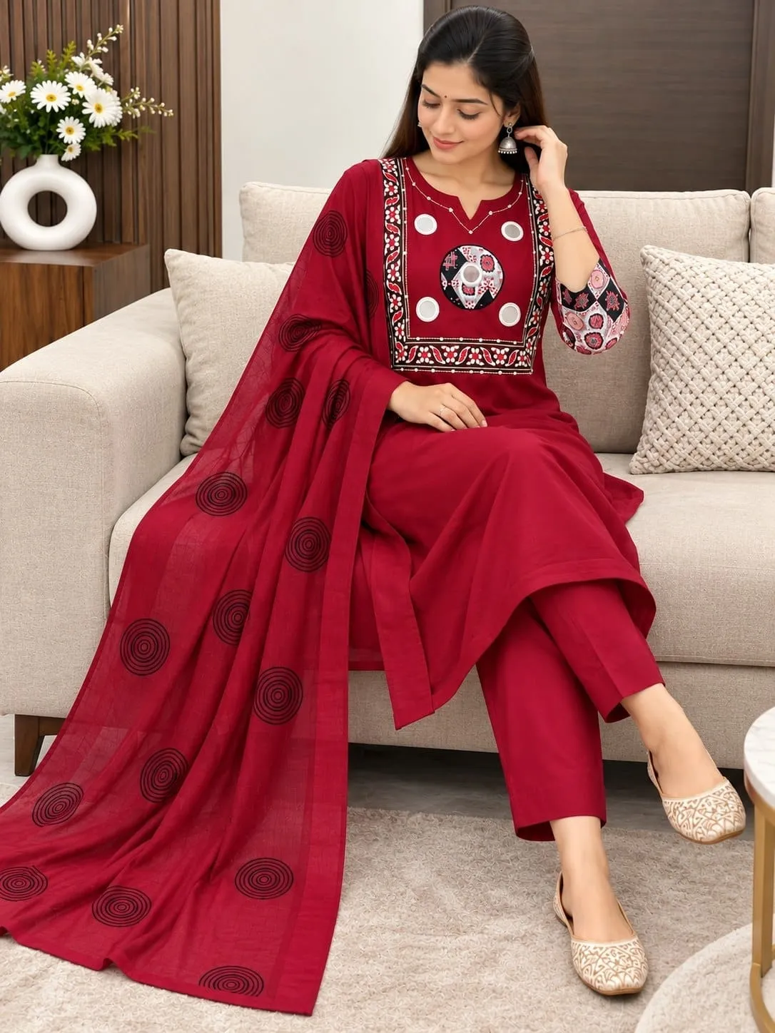 Pure Cotton Kurti Pant with Dupatta Set | Real Mirror Hand Work Maroon Block Print 3-Piece Suit Set with Cotton Lining - Image 4