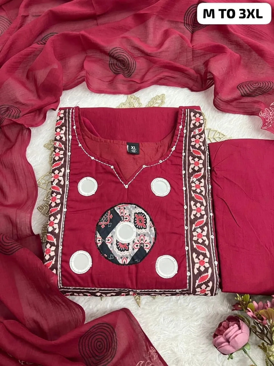 Pure Cotton Kurti Pant with Dupatta Set | Real Mirror Hand Work Maroon Block Print 3-Piece Suit Set with Cotton Lining - Image 5