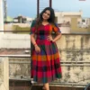 Pure Cotton Multicolor Madras Checks Midi Dress | Sweetheart Neck Flared Pleated Dress with Puff Sleeves