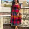 Pure Cotton Multicolor Madras Checks Midi Dress | Sweetheart Neck Flared Pleated Dress with Puff Sleeves - Image 2