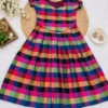 Pure Cotton Multicolor Madras Checks Midi Dress | Sweetheart Neck Flared Pleated Dress with Puff Sleeves - Image 3
