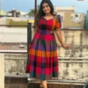 Pure Cotton Multicolor Madras Checks Midi Dress | Sweetheart Neck Flared Pleated Dress with Puff Sleeves - Image 4
