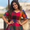 Pure Cotton Multicolor Madras Checks Midi Dress | Sweetheart Neck Flared Pleated Dress with Puff Sleeves - Image 5
