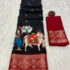 Pure Dola Viscose Kalamkari Pichwai Print Saree with Zari Patta Border & Tassels | Festive Wear - Image 4