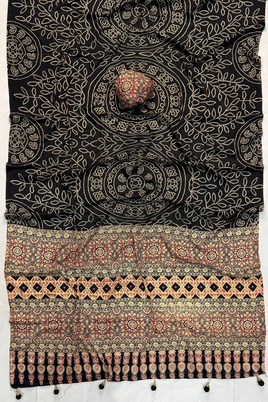 Pure Gajji Crepe Silk Ajrakh Saree with Mandala Bandhani Print & Tassel Pallu | Lightweight Ethnic Saree with Designer Blouse Piece - Image 3