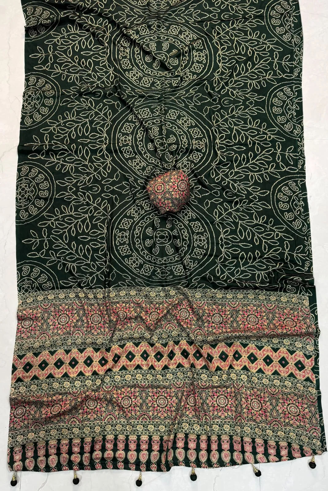 Pure Gajji Crepe Silk Ajrakh Saree with Mandala Bandhani Print & Tassel Pallu | Lightweight Ethnic Saree with Designer Blouse Piece - Image 4
