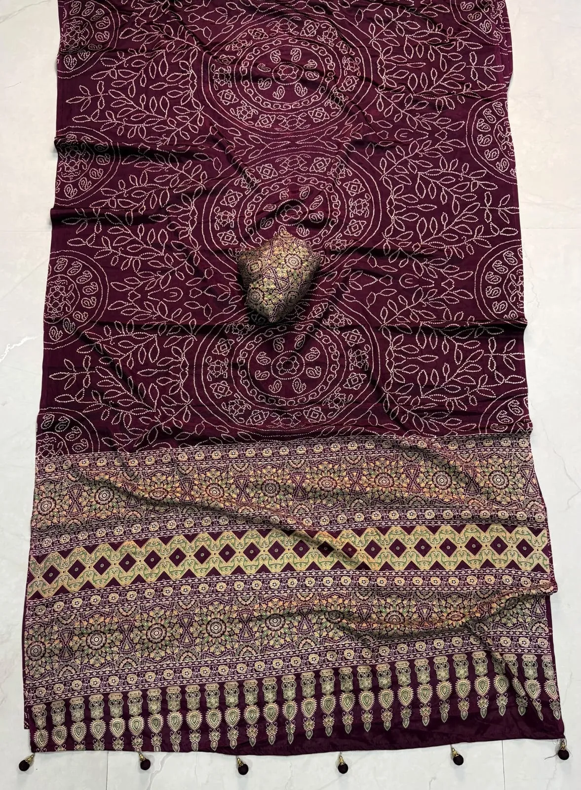 Pure Gajji Crepe Silk Ajrakh Saree with Mandala Bandhani Print & Tassel Pallu | Lightweight Ethnic Saree with Designer Blouse Piece - Image 5