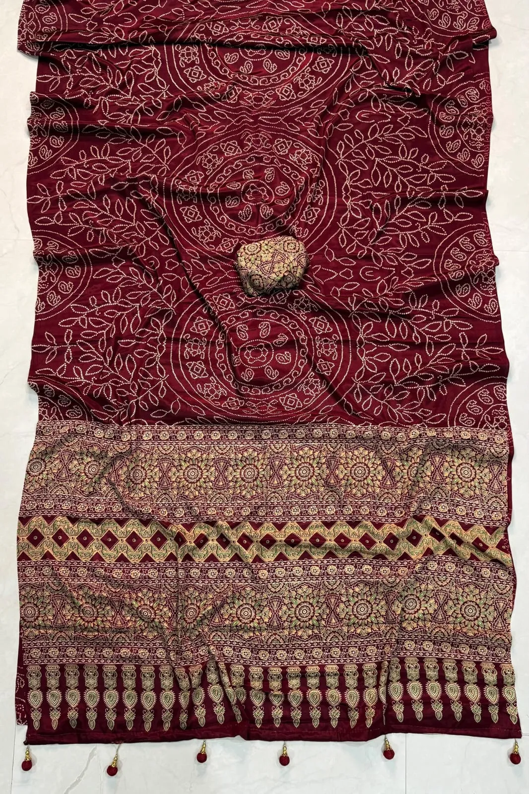 Pure Gajji Crepe Silk Ajrakh Saree with Mandala Bandhani Print & Tassel Pallu | Lightweight Ethnic Saree with Designer Blouse Piece - Image 6