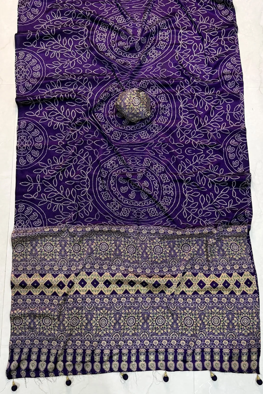 Pure Gajji Crepe Silk Ajrakh Saree with Mandala Bandhani Print & Tassel Pallu | Lightweight Ethnic Saree with Designer Blouse Piece - Image 9