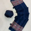 Pure Gajji Silk Ajrakh Print Saree with Designer Border & Tassels | Lightweight Crepe Silk Saree with Polka Dot Blouse Piece