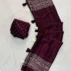 Pure Gajji Silk Ajrakh Print Saree with Designer Border & Tassels | Lightweight Crepe Silk Saree with Polka Dot Blouse Piece - Image 2