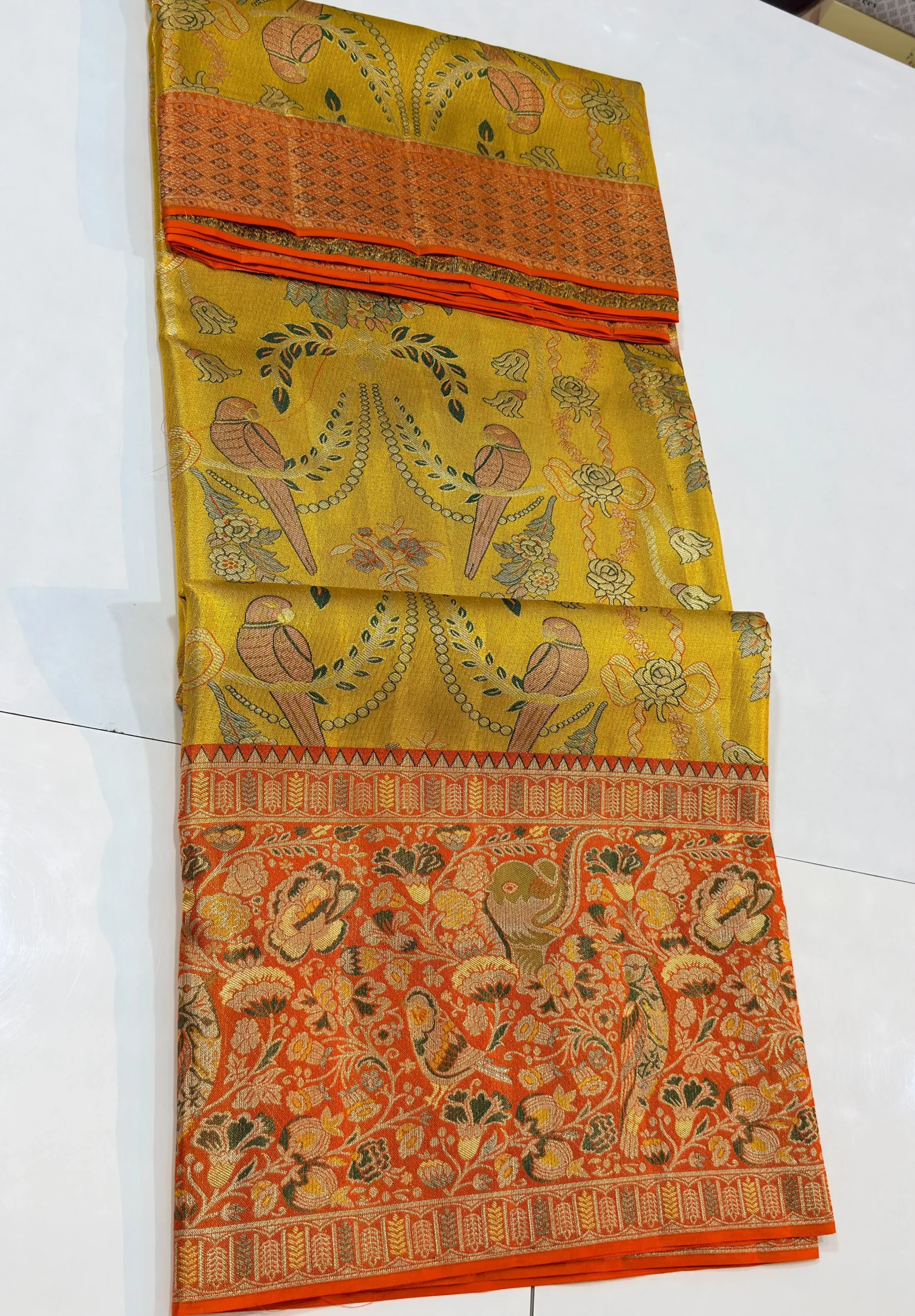 Pure Handloom Bridal Silk Saree in Mustard Yellow & Contrast Orange Floral Border – Silk Mark Certified - Image 3