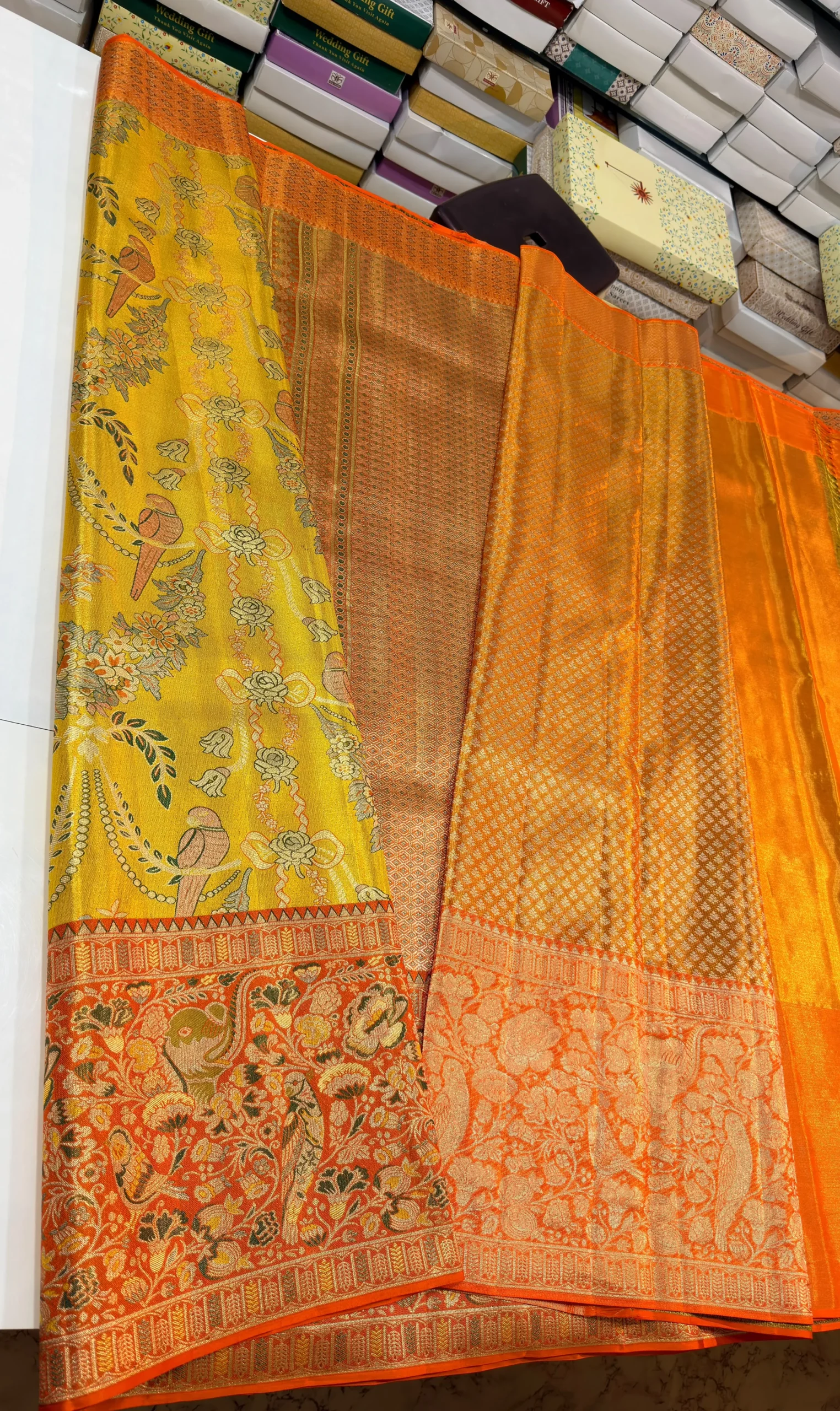 Pure Handloom Bridal Silk Saree in Mustard Yellow & Contrast Orange Floral Border – Silk Mark Certified - Image 4