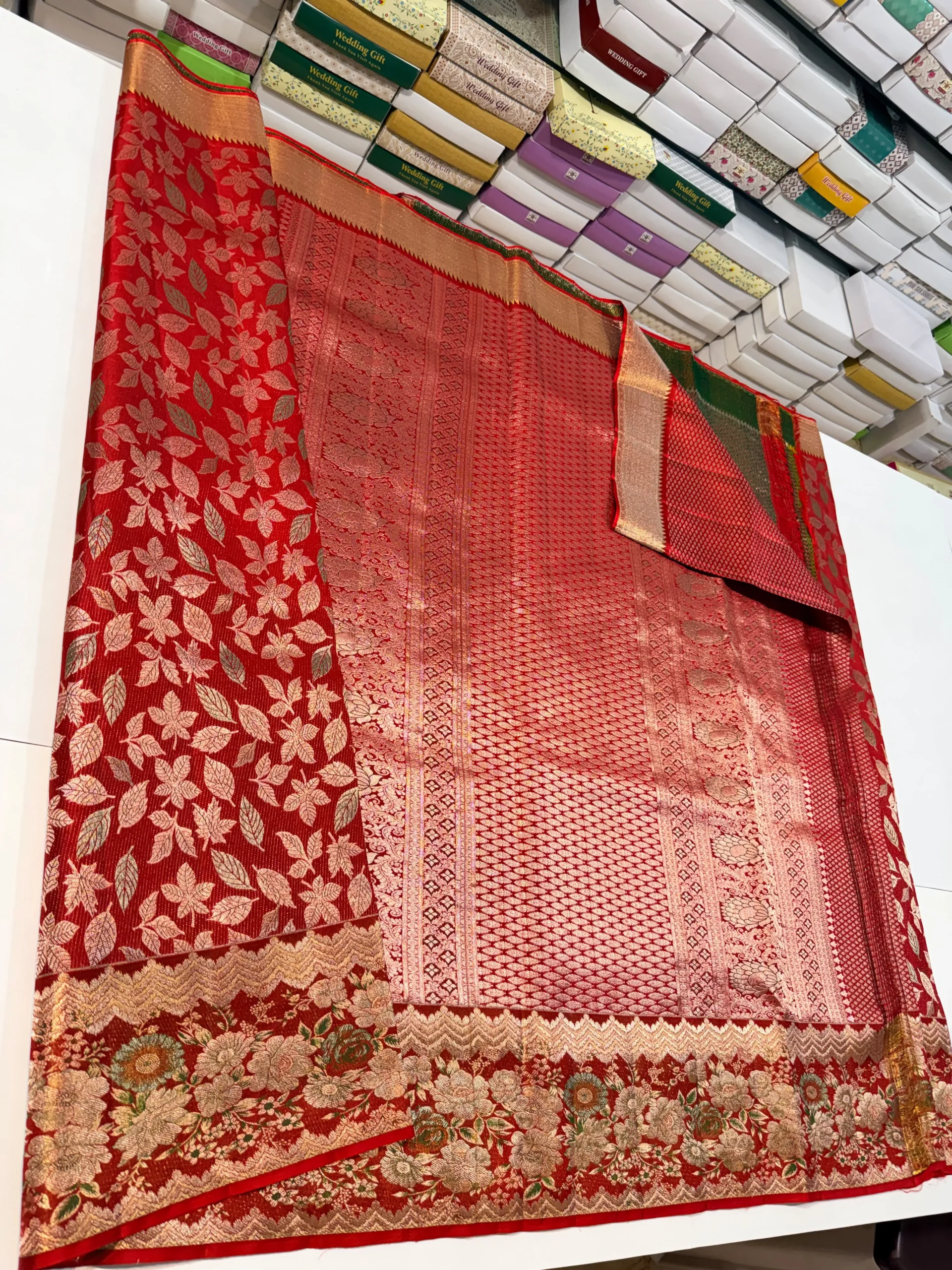 Pure Handloom Bridal Silk Saree in Rich Crimson Red with Heavy Zari Floral Border – Silk Mark Certified - Image 2