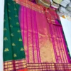 Pure Handloom Kanchipuram Silk Saree in Bottle Green & Rani Pink | Silk Mark Certified Bridal Pattu Saree - Image 2