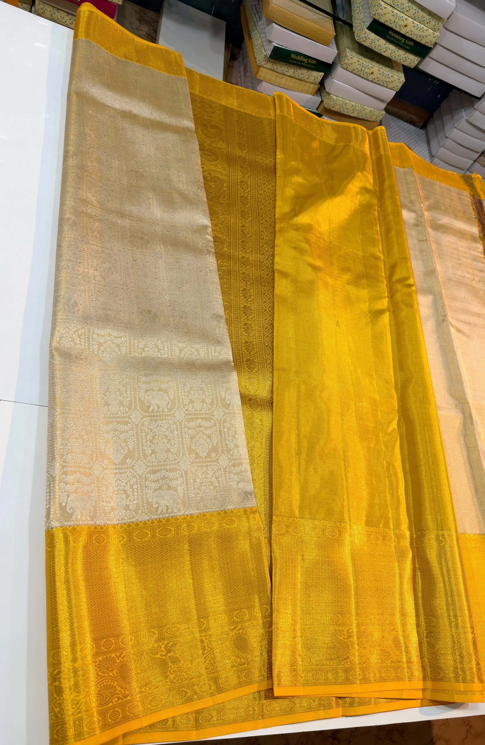Pure Handloom Silver Tissue Kanjivaram Silk Saree with Mustard Yellow Gold Zari Border (Silk Mark Certified)