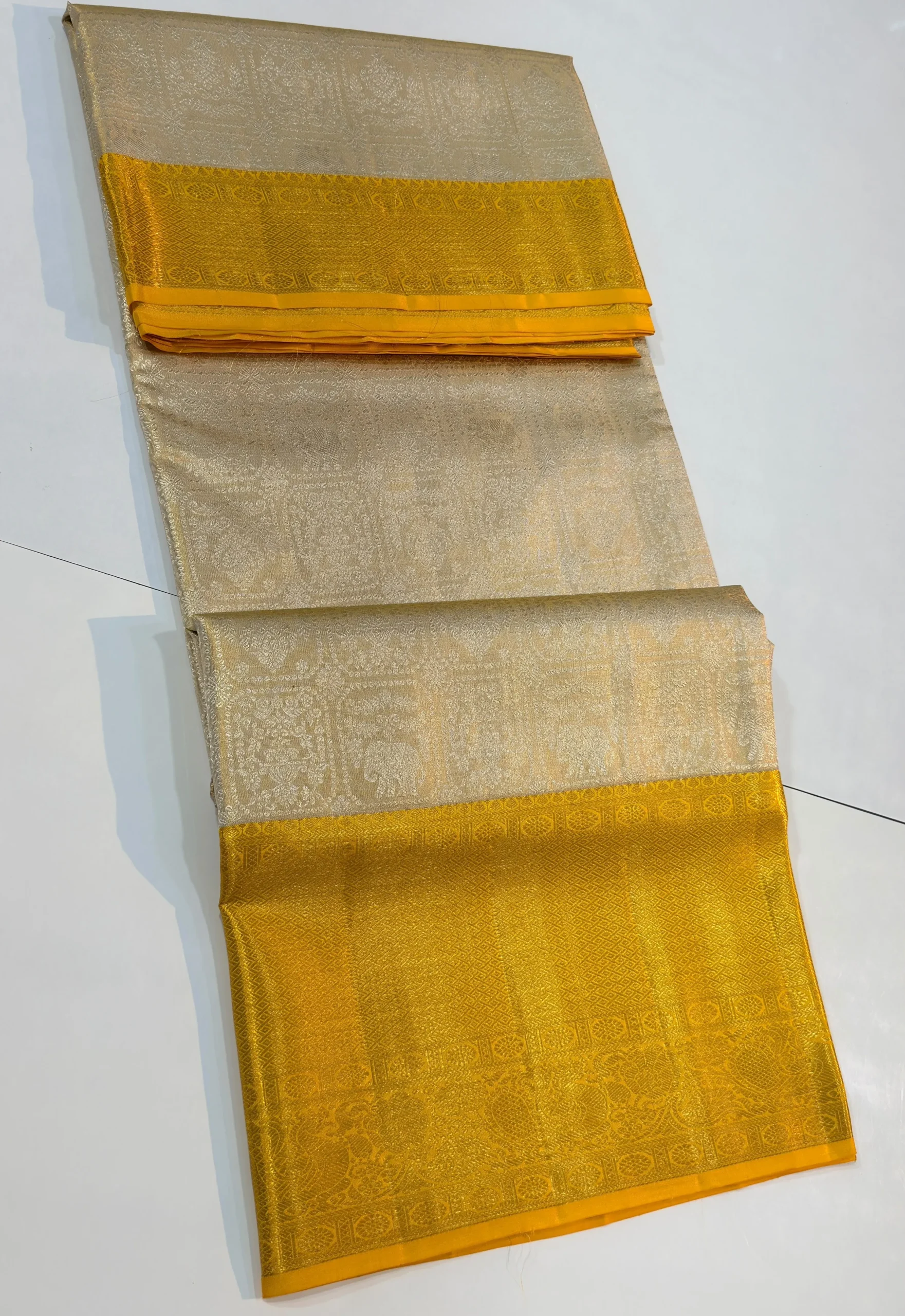 Pure Handloom Silver Tissue Kanjivaram Silk Saree with Mustard Yellow Gold Zari Border (Silk Mark Certified) - Image 2