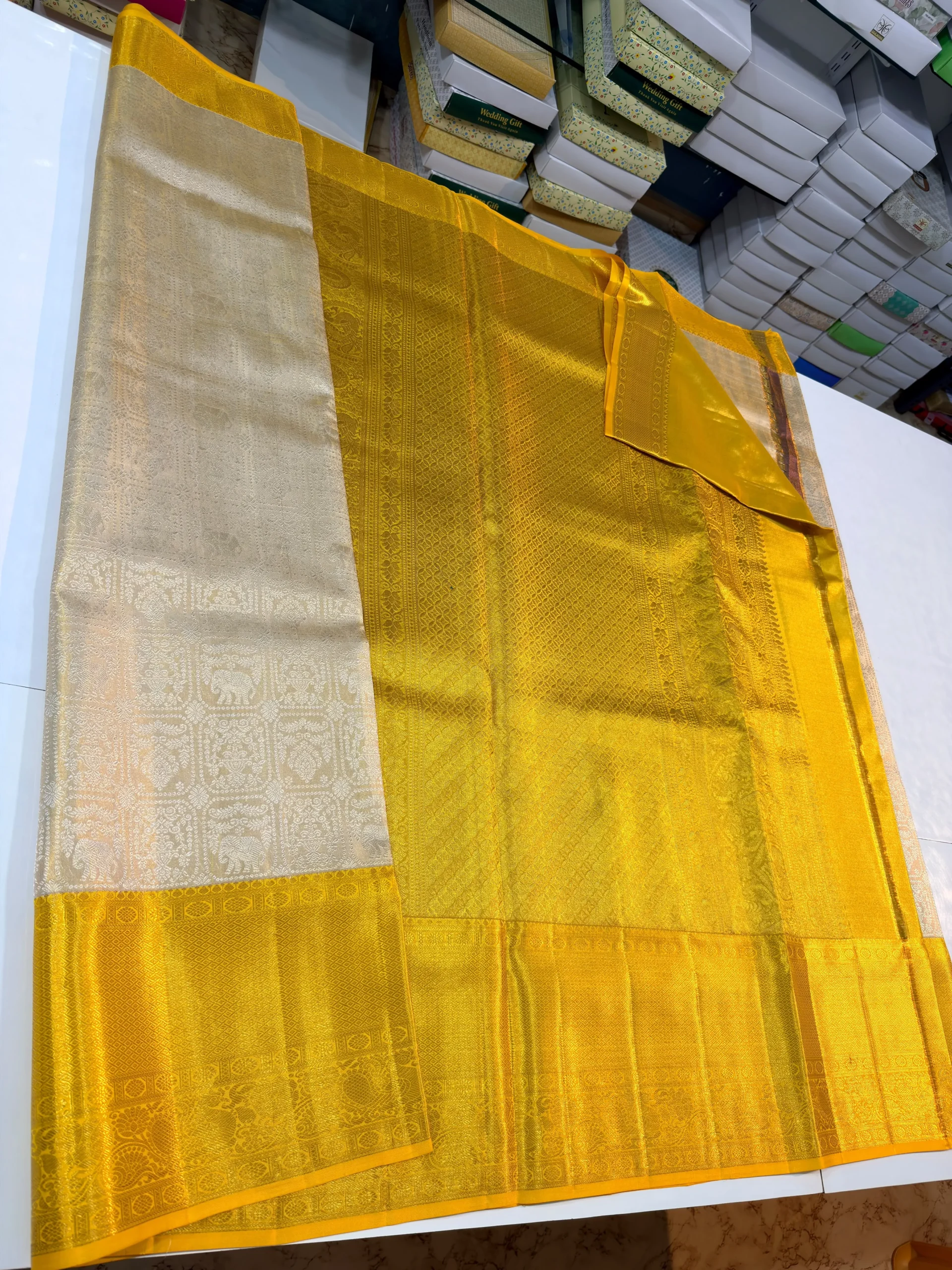 Pure Handloom Silver Tissue Kanjivaram Silk Saree with Mustard Yellow Gold Zari Border (Silk Mark Certified) - Image 3