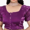 Purple Satin Silk Puff Sleeve Saree Blouse | Square Neck Backless Dori Choli with Frill Cuffs & Crystal Buttons