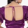 Purple Satin Silk Puff Sleeve Saree Blouse | Square Neck Backless Dori Choli with Frill Cuffs & Crystal Buttons - Image 3