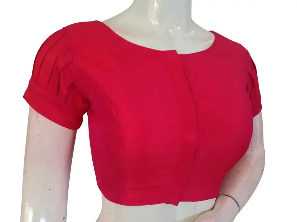 Raw Silk Boat Neck Saree Blouse with Pleated Sleeves | Designer Front Open Readymade Crop Top