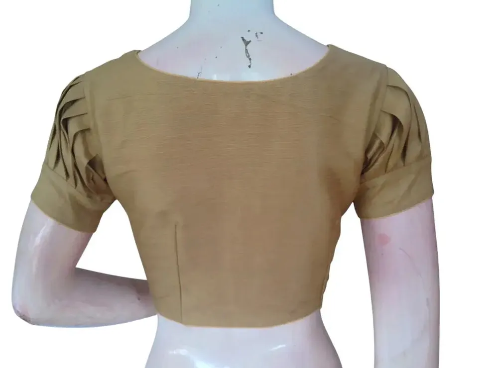 Raw Silk Boat Neck Saree Blouse with Pleated Sleeves | Designer Front Open Readymade Crop Top - Image 10