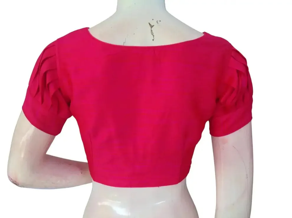 Raw Silk Boat Neck Saree Blouse with Pleated Sleeves | Designer Front Open Readymade Crop Top - Image 11