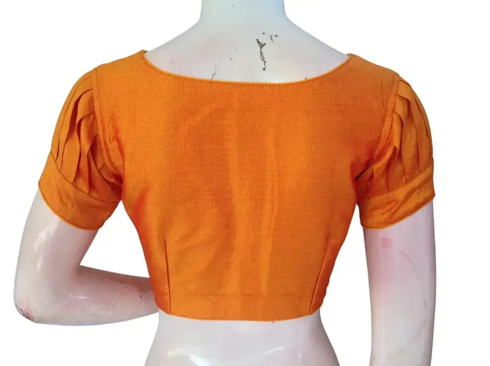 Raw Silk Boat Neck Saree Blouse with Pleated Sleeves | Designer Front Open Readymade Crop Top - Image 12