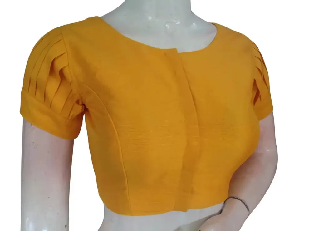 Raw Silk Boat Neck Saree Blouse with Pleated Sleeves | Designer Front Open Readymade Crop Top - Image 13