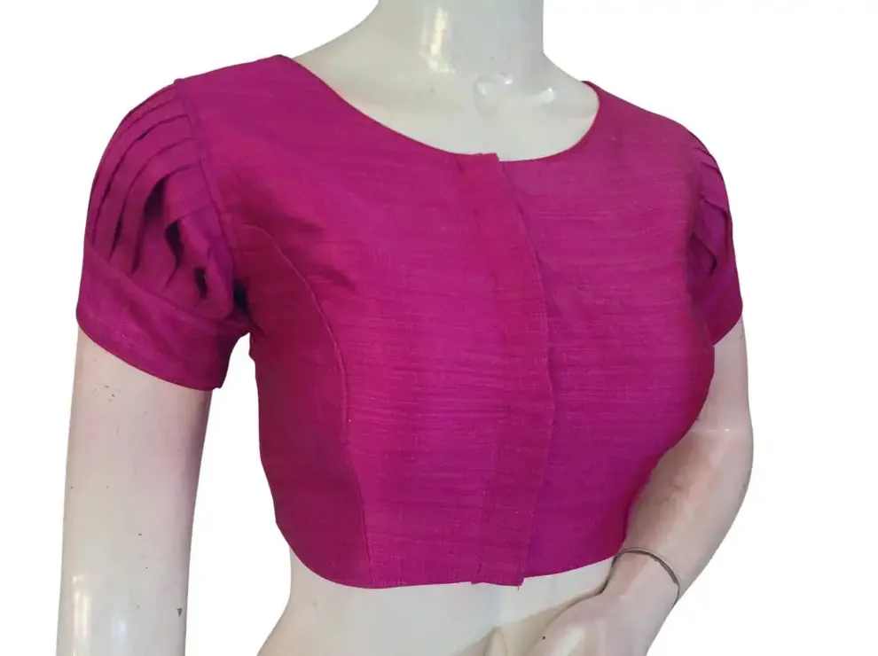 Raw Silk Boat Neck Saree Blouse with Pleated Sleeves | Designer Front Open Readymade Crop Top - Image 2