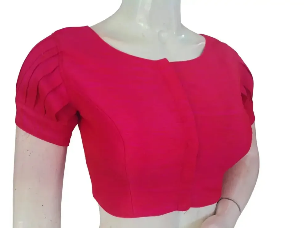 Raw Silk Boat Neck Saree Blouse with Pleated Sleeves | Designer Front Open Readymade Crop Top - Image 3