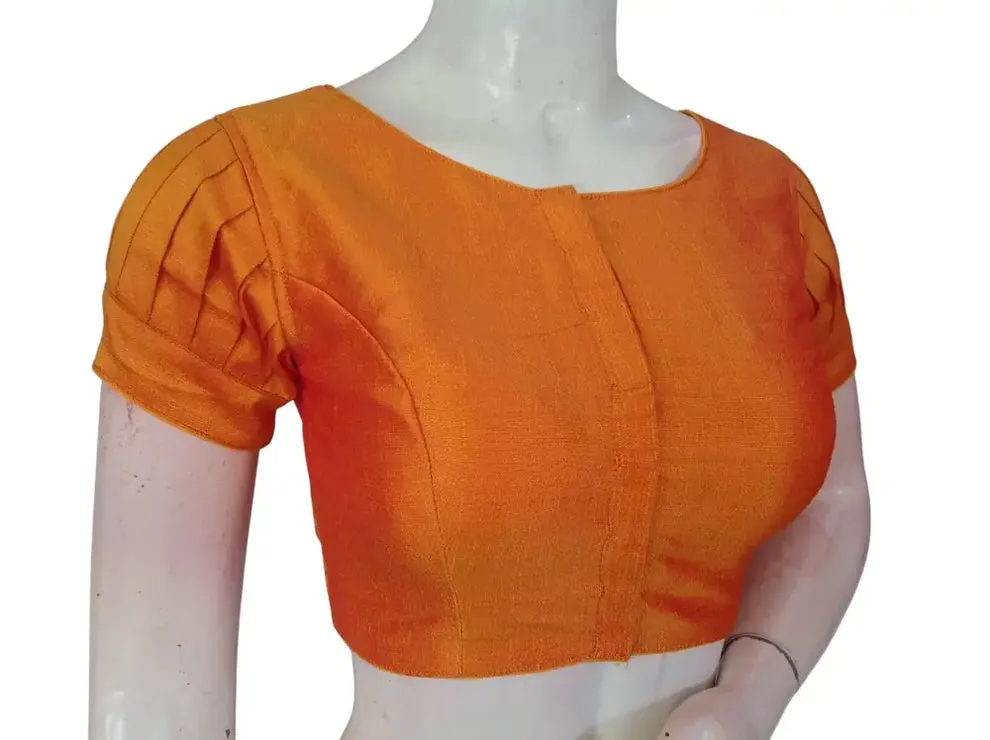 Raw Silk Boat Neck Saree Blouse with Pleated Sleeves | Designer Front Open Readymade Crop Top - Image 4