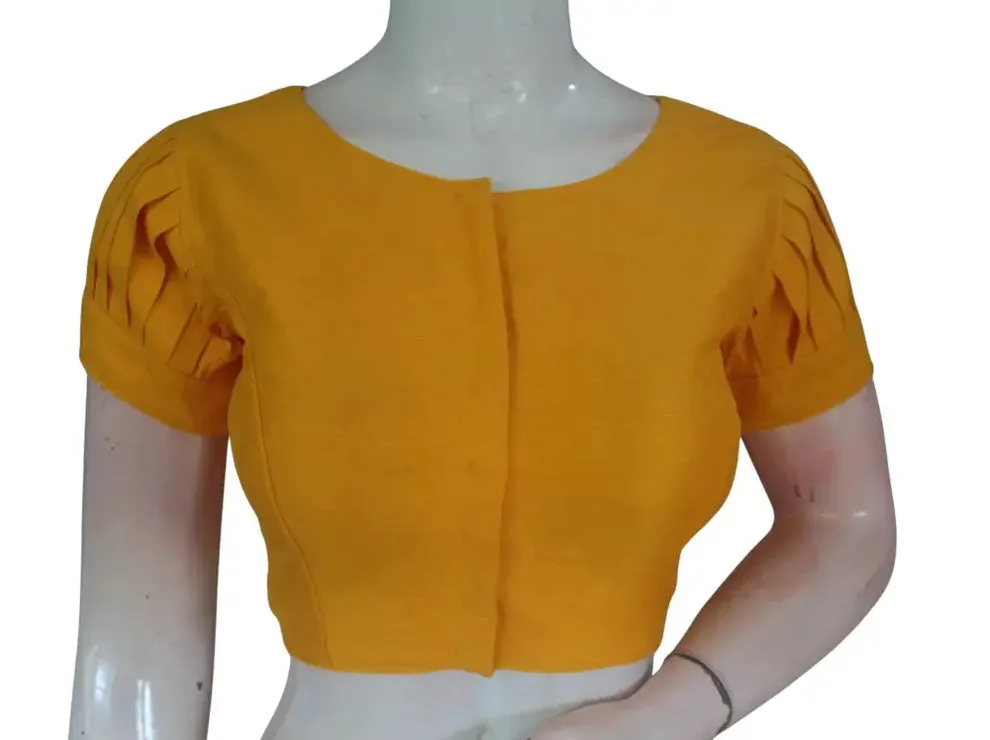 Raw Silk Boat Neck Saree Blouse with Pleated Sleeves | Designer Front Open Readymade Crop Top - Image 5