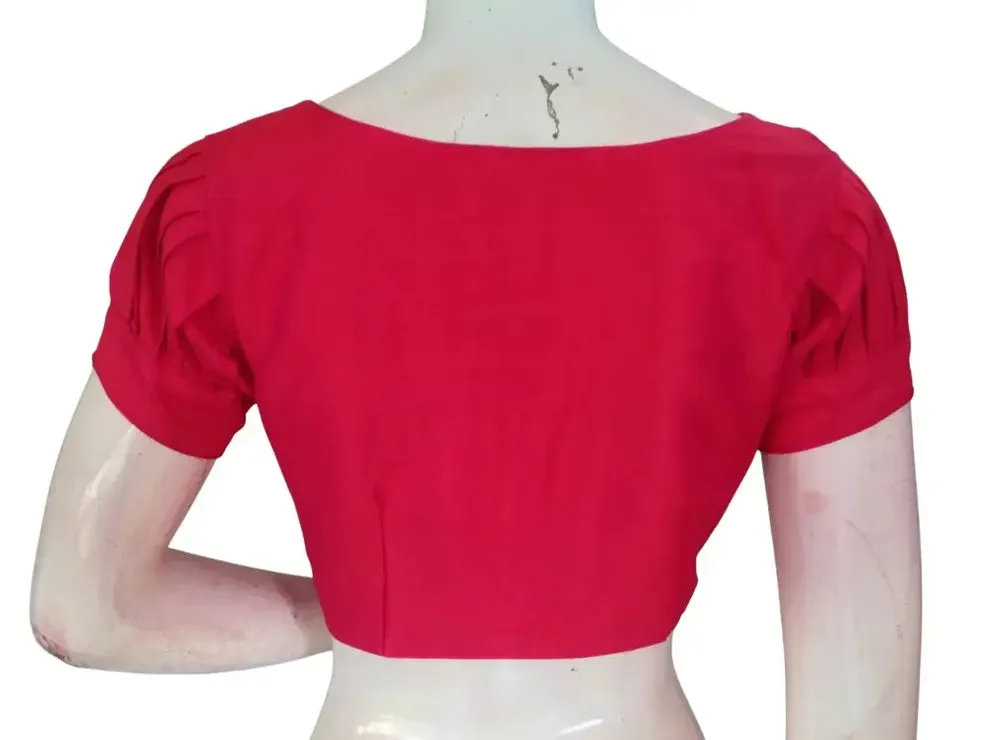 Raw Silk Boat Neck Saree Blouse with Pleated Sleeves | Designer Front Open Readymade Crop Top - Image 6